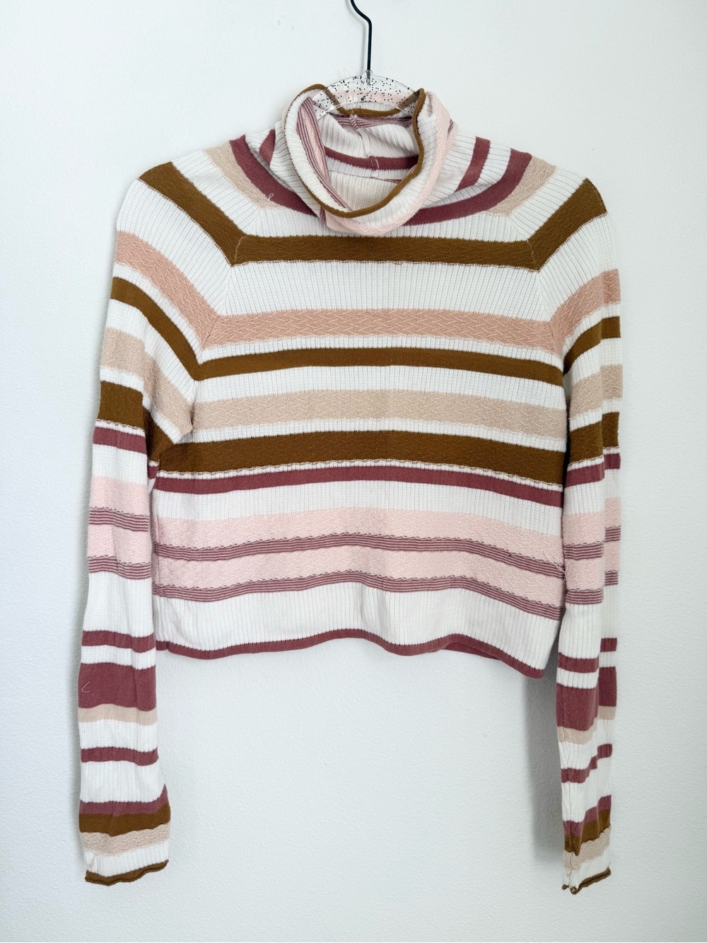 Free People Brown Beige Crop Striped Mock Neck knit Textured Sweater Size XS